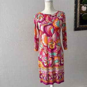 London Times Pink and Orange Sheath Dress 3/4 Sleeve Crew Neck